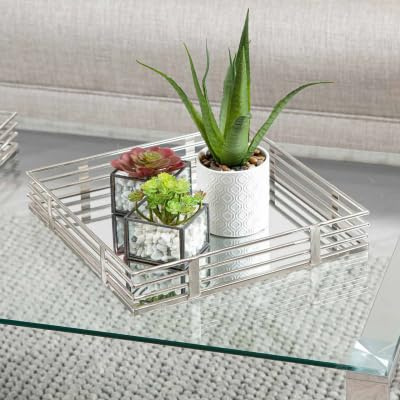 Vanity Living 35cm Chrome and Mirror Tray - Decorative Steel Serving Tray with Mirrored Base for Drinks, Candles, or Home Décor - Elegant Accent for Dining Room, Living Room, or Bedroom
