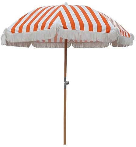 Générique 220 cm Parasol de Jardin Extérieur À Rayures Orange avec Franges, Parasol de Plage UPF 50+, Parasol de Terrasse Pliable avec Mât en Fer