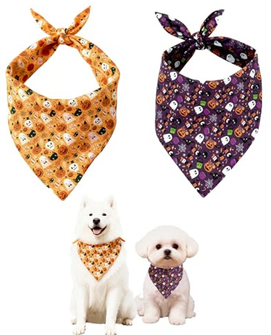 Meriviva 2 Pcs Halloween Dog Bandanas, Halloween Costumes for Dogs, Triangle Scarf Dog Cat Bandana with Ghost Pumpkin Bat Pattern for Small Medium Large Dogs Cats (Style C)