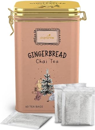 Charbrew Christmas Winnie Gingerbread Chai Tea – 60 Teabags in Reusable Clip-Top Metal Tin | Festive Spiced Black Tea | Perfect Holiday Tea Gift