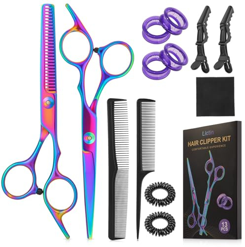Lictin Ket Forbici Parrucchiere Professionali 13 PCS, Forbici per Capelli Dritte e Forbici per Sfoltire i Capelli in Acciaio Inox Ultra Affilato, Manico Ergonomico, Salone/Casa (Multicolore, 6.7)