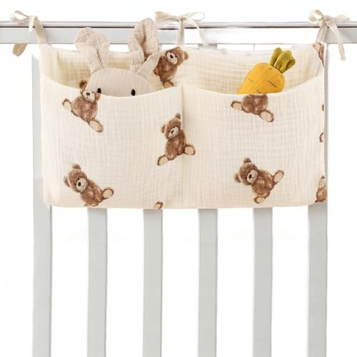 BAUCH Sac de Rangement Suspendu pour Lit Bébé Motif Ours - Organisateur de Couches avec 2 Poches pour Chambre Nouveau-Né - Rangement Lit Cabane et Table à Langer pour Doudous et Jouets,39 * 20cm