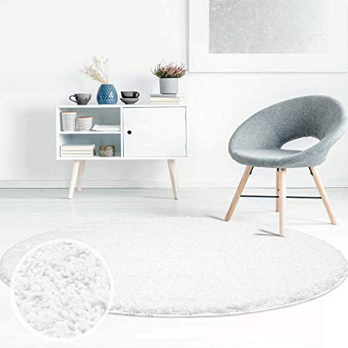ayshaggy Shaggy Teppich Hochflor Langflor Einfarbig Uni Weiß Weich Flauschig Wohnzimmer, Größe: 160 x 160 cm Rund