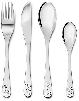 Zilverstad 4-teiliges Kinderbesteck in bunter Geschenkverpackung – silberfarben, spülmaschinenfest & aus Edeltstahl 304, Waldtiere im Relief, polierte Oberfläche