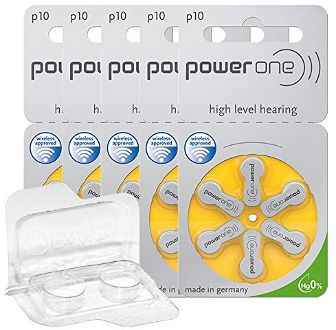 30x Power One 10 Hörgerätebatterien 5x6er Blister PR70 Gelb 24610 + Aufbewahrungsbox für 2 Hörgerätebatterien (10, 13, 312, 675), Batteriebox für 2 Knopfzellen bis 12 mm x 6 mm (Ø x H)