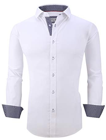 Alex Vando Mens Dress Shirts Regular Fit Long Sleeve Stretch Business Dress Shirts for Men,White,L