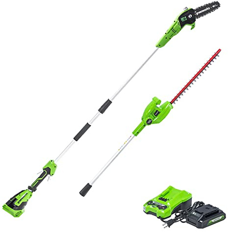 Greenworks 24V 8 Cordless Polesaw + 20 Pole Hedge Trimmer Combo (Great For Pruning and Trimming Branches / Shrubs), 2.0Ah Battery and Charger Included