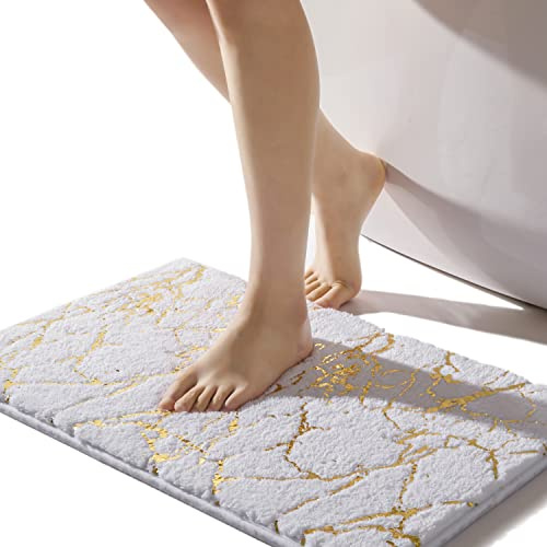 QJHOMO White Bath Mat 40 x 60 cm Bathroom Mat Non Slip Bath Mats Gold Stripes Marble Rug Absorbent Microfiber Bathroom Rug Machine Washable Floor Carpet for Shower, Living Room, Bedroom