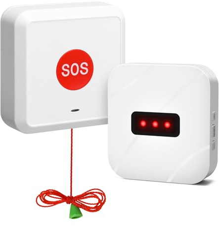 Zuomeng Emergency Call Light System with Pull Cord and Call Button, 60dB 80dB 100dB Adjustable Volume Alarm, Waterproof, 300 Feet Wireless Range, Designed for Accidental Falls in The Bathroom
