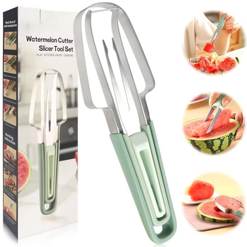 Redamancy Coupe Pastèque, 3 en 1 Coupe Fruits, Trancheuse à Pastèque en Acier Inoxydable, Coupe-Melon pour Couper la Pastèque, Pastèque Tranche pour Maison, Cuisine, Camping