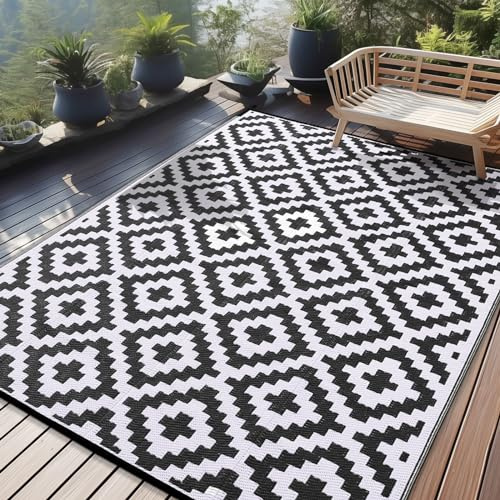 Homaxy Outdoor Teppich Wetterfest, Kunststoff Stroh UV-beständig Wendbar Faltbar Waschbar Balkon Garten Teppich für Terrasse Camping Picknick (240 x 300 cm, Schwarz & Weiß)