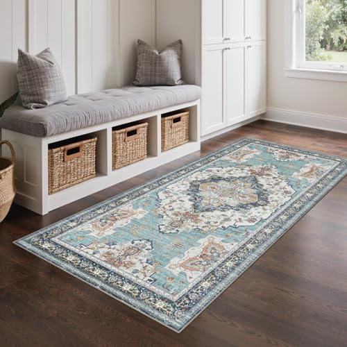 GENIMO - Tappeto Vintage 80x150cm - Antiscivolo, Lavabile, Con Pelo Corto - Per Camera da Letto, Sala - Blu-verde | Medaglione ornamentale vintage blu acqua, lavabile, facile da pulire e antiscivolo, per corridoio e lato letto.
