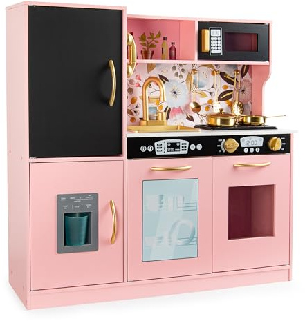 leomark Cocina de Madera Pink MEMO - Cocina de Madera para Jugar con Accesorios, Perfectamente Equipada - Versión Rosa, Dim: 83,4 x 24 x 80,6 cm (Largo/Profundo/Alto) (Rosa)