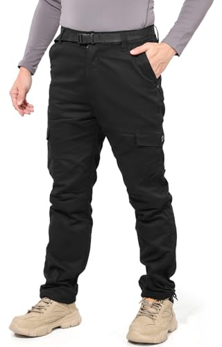 LY4U Men's Fleece Lined Cargo Thermal Trousers, Full Elastic Waistband with Belt Loops Work Pants, Adjustable Ankle Cuffs for Hiking Camping Outdoor Winter Black
