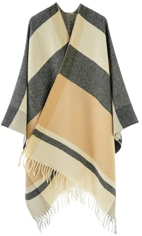 coonis Châles Femme, Poncho Cape Cardigan Ouvert Doux, Pull Écharpe Oversize pour Soirée, Mariage, Fête, Voyage (Kaki Noir Beige)