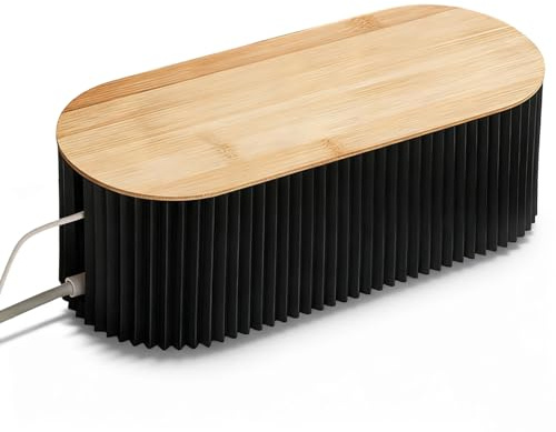 Cable Management Box, Black Cable Tidy Organiser Cables Storage Box with Bamboo Lid for Hiding Desk TV Computer Messy Cables Wire