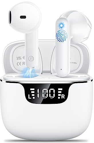 Ecouteurs Bluetooth sans Fil, kauguo Écouteurs sans Fil 5.4 avec 4 ENC Réduction Antibruit Mic 42H Durée Écran LED Contrôle Tactile IPX6 Étanche HiFi Stéréo Casque Sport/Travail Blanc pour iOS Android