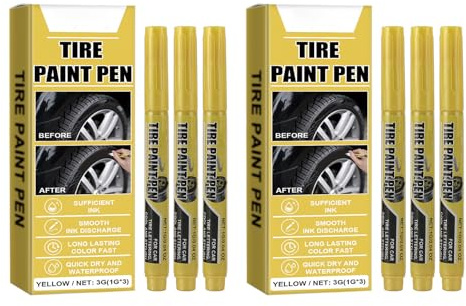 ANKROYU Bolígrafo de pintura para neumáticos amarillo, paquete de 6 marcadores permanentes para neumáticos para reparación de arañazos en automóviles, color amarillo vibrante, 1g c