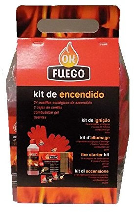 OK FUEGO Kit Encendido Chimenea (24 Pastillas ecológicas, 2 Cajas cerillas, Gel Encendido y Guantes)