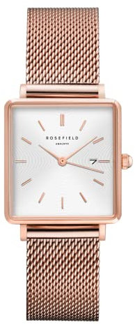 Rosefield Damenuhr The Boxy Roségold Eckiges Gehäuse - Weißes Zifferblatt & Mesh Roségoldenes Band QWSR-Q01