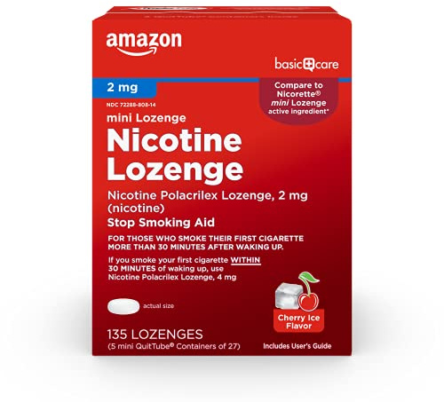 Amazon Basic Care Mini Nicotine Polacrilex Lozenge, 2 mg, Cherry Ice Flavor, Stop Smoking Aid, Reduces Nicotine Cravings, 135 Count