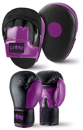 Lions Boxing Gloves and Pads Set - Sparring Gloves and Hook and Jab Pads Focus Punch Bag Mitts, Ideal for Martial Arts Mma Muay Thai Gym, Men Women Kids Boxing Set (10oz, Purple)
