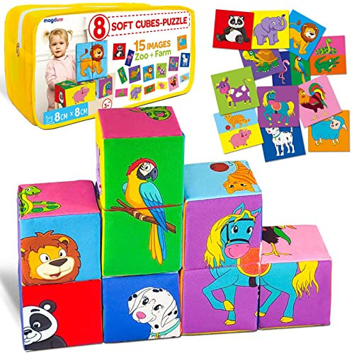 magdum Weich Baby Bausteine ​​für Kleinkinder - Stapelwurfel Kind - Würfelpuzzle Stoffwurfel Kinder Bilderwurfel - Soft Baby erste Bausteine - Motorikspielzeug Bauklötze - Stapelturm