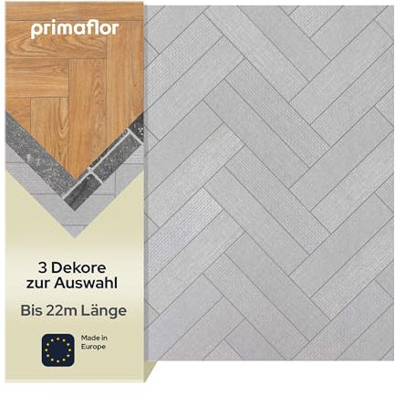 Primaflor PVC Bodenbelag Meterware - AKUSTIK-TEX, Fliese Fischgräte grau-weiß 009L, 2,00m x 0,50m, Vinyl-Boden in Fliesenoptik für Küche, Wohn- & Badezimmer, Auslegware mit Anti-Rutsch Oberfläche