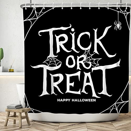 Bovlleetd Trick Or Treat Rideau de Douche Halloween Thème Rideaux de Douche Simple Fond Noir Toile d'araignée Décor de Salle de Bain Rideau de Baignoire Imperméable avec Crochet 183x198cm