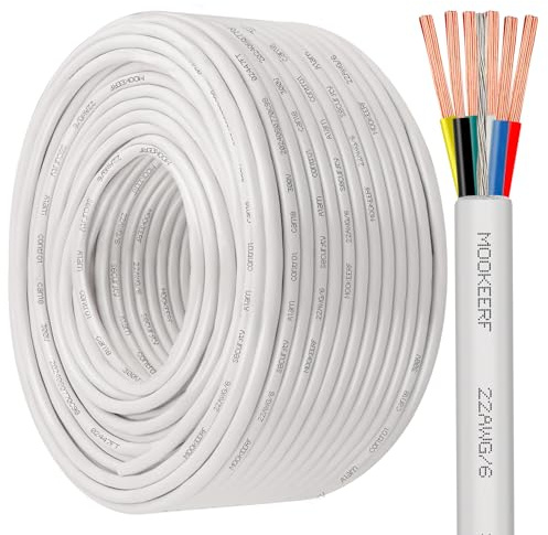 MOOKEERF 22/6 22AWG Shielded Wire 6 Conductor 200FT Shielded Plenum Cable White CL3P Jacket Alarm Control Cable Stranded Pure Copper for Low Voltage LED,Burglar System,Fire Detector,Security Station