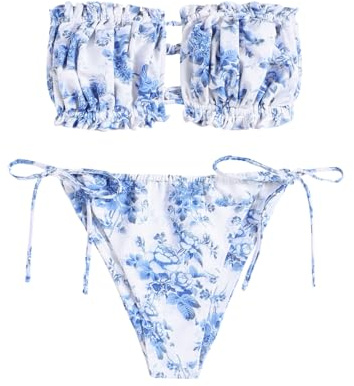 ZAFUL Women 2 Piece Strapless Bikini Swimsuits Ruffle Ribbed Bandeau Bikini Set High Cut Bathing Suits (2-Blue Floral, M)