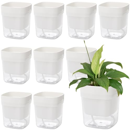 SINJEUN 10er Set Selbstbewässernde Blumentöpfe 12cm, Self Watering Pot Weiß, Kunststoff Selbstbewässernde Pflanzentöpfe Pflanzgefäße für Draussen und Innen