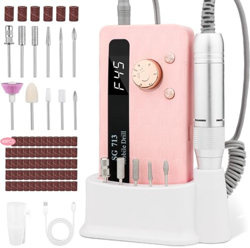 Ziweo Nagelfräser, Elektrische Nagelfeile 45000U/Min mit LED Display, Tragbare Nagelfräser für Gelnägel Wiederaufladbare Maniküre Set für Nagelhaut Shellac Acrylgel