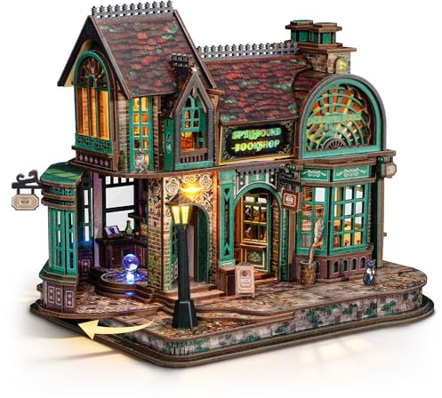 FUNPOLA Puzzle 3D in legno Libreria Magica con luci LED – Kit miniatura fai-da-te Spellbound Bookshop, decorazione per la casa e regalo creativo per adulti e ragazzi