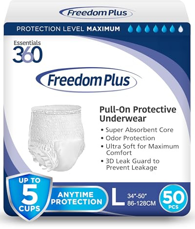 Essentials 360 Freedom Plus Large Adult Diapers, Maximum Absorbency Incontinence Underwear for Men and Women, 3D Leak Guard, 360° Comfort Fit, Odor Control – L, 50 Count