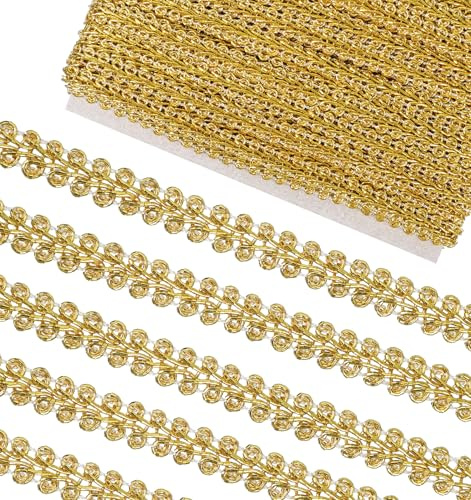10 Yards Gold Trim, 10mm Gold Ribbon Fabric Lace Trim, Decorative Haberdashery Trimmings for Sewing, Golden Braided Trims Embellishments for Borders Indian Costumes Braid, DIY Crafts Piping Gimp Trims