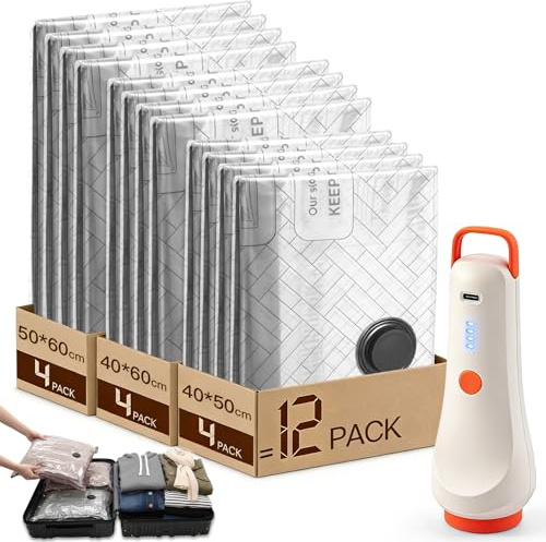 Sac de Rangement Sous Vide Vetement Voyage avec Pompeà vide sans fil, Lot de 12 Sac Compression Vacuum Storage Bags(4* 40x50/4* 40x60/4* 50x60cm) Housse Aspirable Poche pour Maison et Bagages Travel