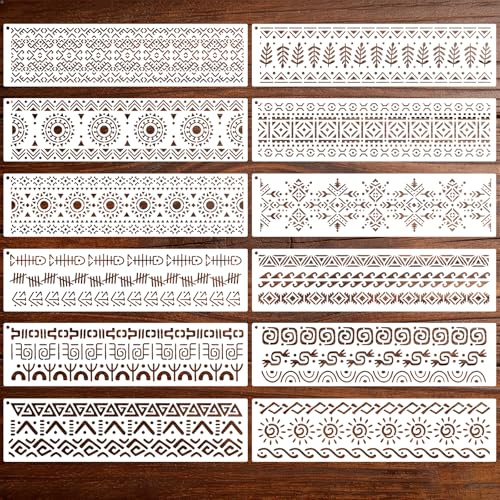 SRIZIAN 12 st bohemiska målarmallar, 30 x 7,62 cm geometriska schabloner återanvändbara texturmallar för målning scrapbooking gör-det-själv trä möbler heminredning