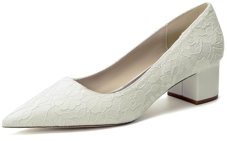 Generico Scarpe Sposa Donna in Pizzo e Raso Tacco Largo Punta Affusolata Décolleté Eleganti Cerimonia,Avorio,40 EU