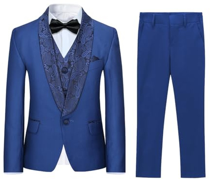 Sliktaa Boys Three Piece Jacquard Tuxedo Shawl Lapel Suit Blue 8 Years