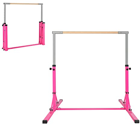 COSTWAY Barra per Ginnastica e Danza per Bambini e Bambine Pieghevole e Portatile, Sbarra Parallela in Metallo e Legno con 13 Altezze Regolabili, Ruote e Cuscinetti Antiscivolo, Portata 100 kg (Pink)
