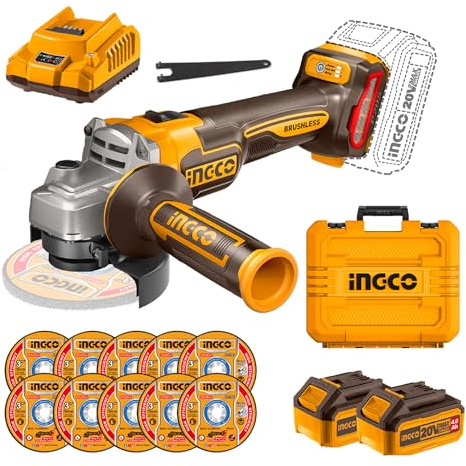 INGCO Meuleuse d'angle sans Fil Ø115mm 20V, Moteur sans Balais, Variable à 3 Vitesses 9000 tr/min, M14, avec 2 Batteries 4.0Ah, 1 Chargeur, 10 Disques Pour Meuler et Polir, Couper CAGLI211542