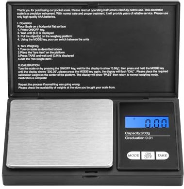 Taschenwaage, 200 x 0,01 g, Präzisions Digitalwaage, Mini Küchenwaage, Goldwaage, Münzwaage, Feinwaage für Küche, Schmuck, Kräuter, Tee, Hefe, Kaffee