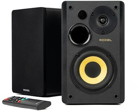 Roxel Soleil Active Bookshelf HiFi Speakers,Sub Woofer Output, 2.0 Stereo Sound, Wireless BT 5.3, Optical, RCA, USB, HDMI(ARC), Built-In Amp, Adjustable Bass/Treble, 3 Metre Speaker Cable