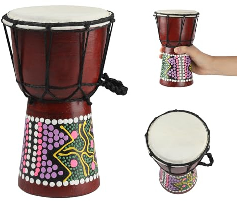 Tambor de madera Djembe, 4.5 x 8 pulgadas, tambor africano de caoba tallada con cabeza de cabra y tambor profesional de estilo africano occidental para niños y adultos principiantes