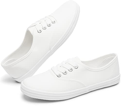 TUOPIN Womens White Canvas Sneakers Low Top Lace-up Canvas Shoes Lightweight Casual Tennis Shoes(White.US7.5)