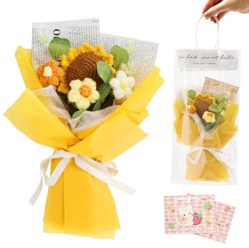 Graplan Ramo de flores de ganchillo, girasoles artificiales, hecho a mano, para apoyo emocional para cumpleaños, día de la madre, día de San Valentín, arreglo floral familiar, con