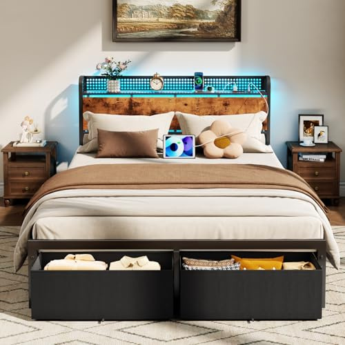 Furnulem Queen Size Bed Frame with Headboard Storage, Platform Bed Frame Queen Size with 2 Drawers, Charging Station and LED Lights, No Box Spring Needed, Noise Free, Easy Assembly (1000 lbs Capacity)