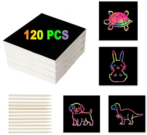 Carte à Gratter Enfant 120 Feuilles Dessin a Gratter Enfant 8.5 x 8.5cm Scratch Art Papier d'Art et 12 Stylets En Bois pour Dessin, Écriture, Jeux