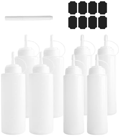 midgreyeye 8 Aceitera Plástico 4 Unidades de 360ml/12oz y 4 Unidades de 250ml/8oz, Capacidad Total 2440ml/80oz, Botellas para Salsas y Especias, Biberón Aceite, Biberón Cocina, Botella Dosificadora